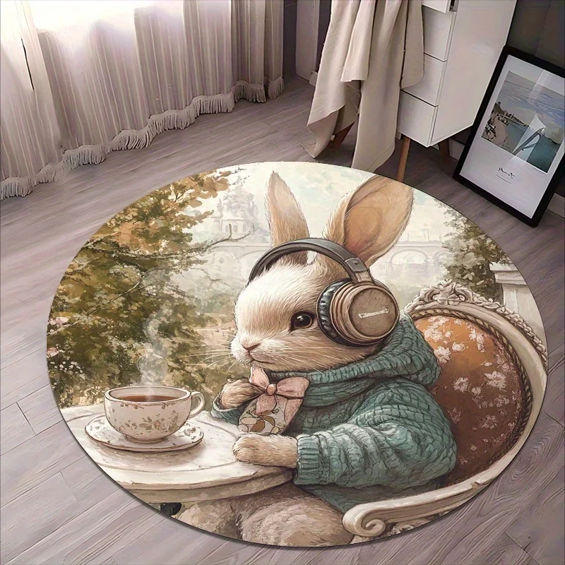 Wearing headphones rabbit Flannel-printed round floor mats are slip-resistant Suitable for living bedroom terrace garden carpets
Wearing headphones rabbit Flannel-printed round floor mats are slip-resistant Suitable for living bedroom terrace garden carpets