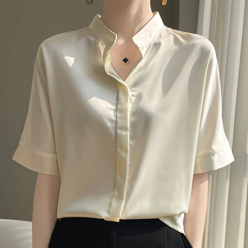 Silk Sleeveless Neck Satin Short Sleeve Women's Shirt Pure Color Turn-down Collar Simple Design Spring Fashion Ladies' Top
Silk Sleeveless Neck Satin Short Sleeve Women's Shirt Pure Color Turn-down Collar Simple Design Spring Fashion Ladies' Top