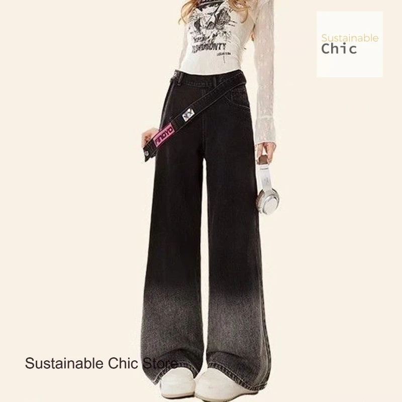 American side zipper design sense black gradient jeans female summer new fashion high waist straight loose wide-leg trousers.
American side zipper design sense black gradient jeans female summer new fashion high waist straight loose wide-leg trousers.