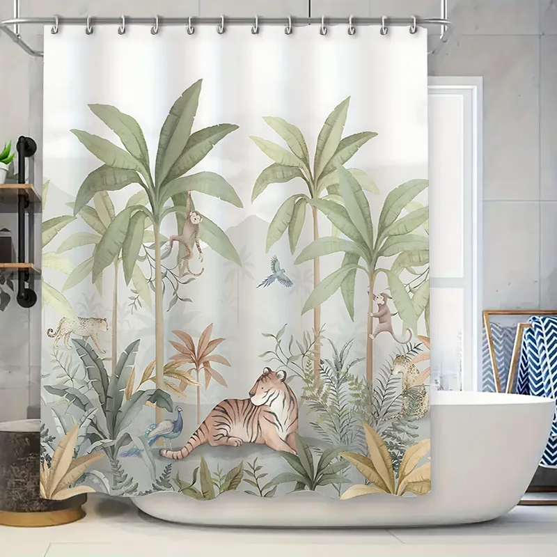 Занавеска для душа в тропическом джунглях с пальмами и птицами, декор для ванной комнаты, водонепроницаемая прочная ткань, красивая сцена природы 
Занавеска для душа в тропическом джунглях с пальмами и птицами, декор для ванной комнаты, водонепроницаемая прочная ткань, красивая сцена природы
