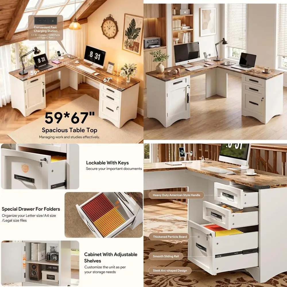 67 L-Shaped Standing Desk with Wireless Charging, Lockable File Cabinet, Wood Top for Home Office, Study, White
67 L-Shaped Standing Desk with Wireless Charging, Lockable File Cabinet, Wood Top for Home Office, Study, White