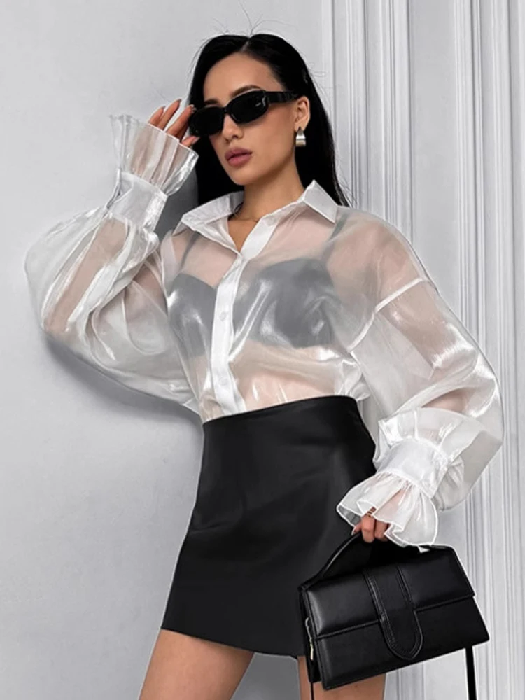 White Sheer See Through Shirt Chic Turn Down Collar Button Up Long Flare Sleeve Blouse Fashion New Summer Lady Fashion Outfit
White Sheer See Through Shirt Chic Turn Down Collar Button Up Long Flare Sleeve Blouse Fashion New Summer Lady Fashion Outfit