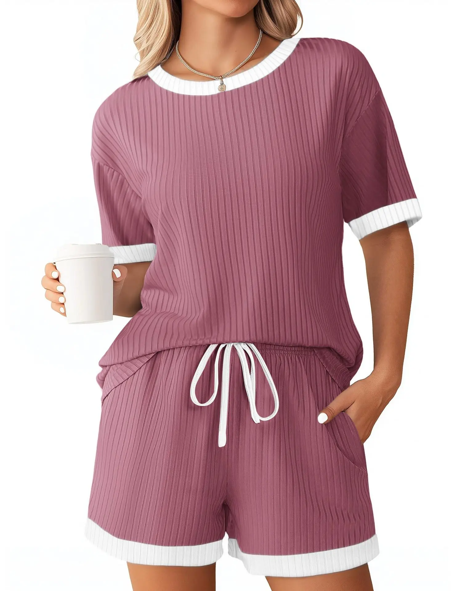 Women's Clothing 2025 Summer New Solid Pit Strip Color Block Pajamas Short-sleeved Home Two Piece Set Simple Fashion Women Suits
Women's Clothing 2025 Summer New Solid Pit Strip Color Block Pajamas Short-sleeved Home Two Piece Set Simple Fashion Women Suits