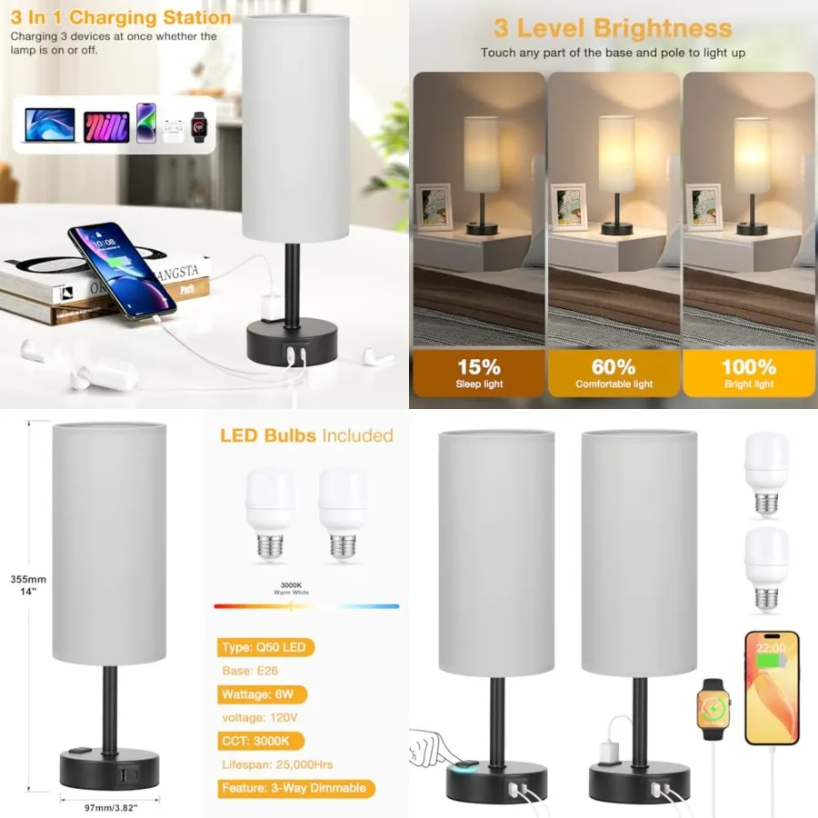 Grey Touch Table Lamps Set of 2-3 Way Dimmable Bedroom Lamps for Bedside with USB C and A Ports, Small Nightstand Lamps with AC
Grey Touch Table Lamps Set of 2-3 Way Dimmable Bedroom Lamps for Bedside with USB C and A Ports, Small Nightstand Lamps with AC