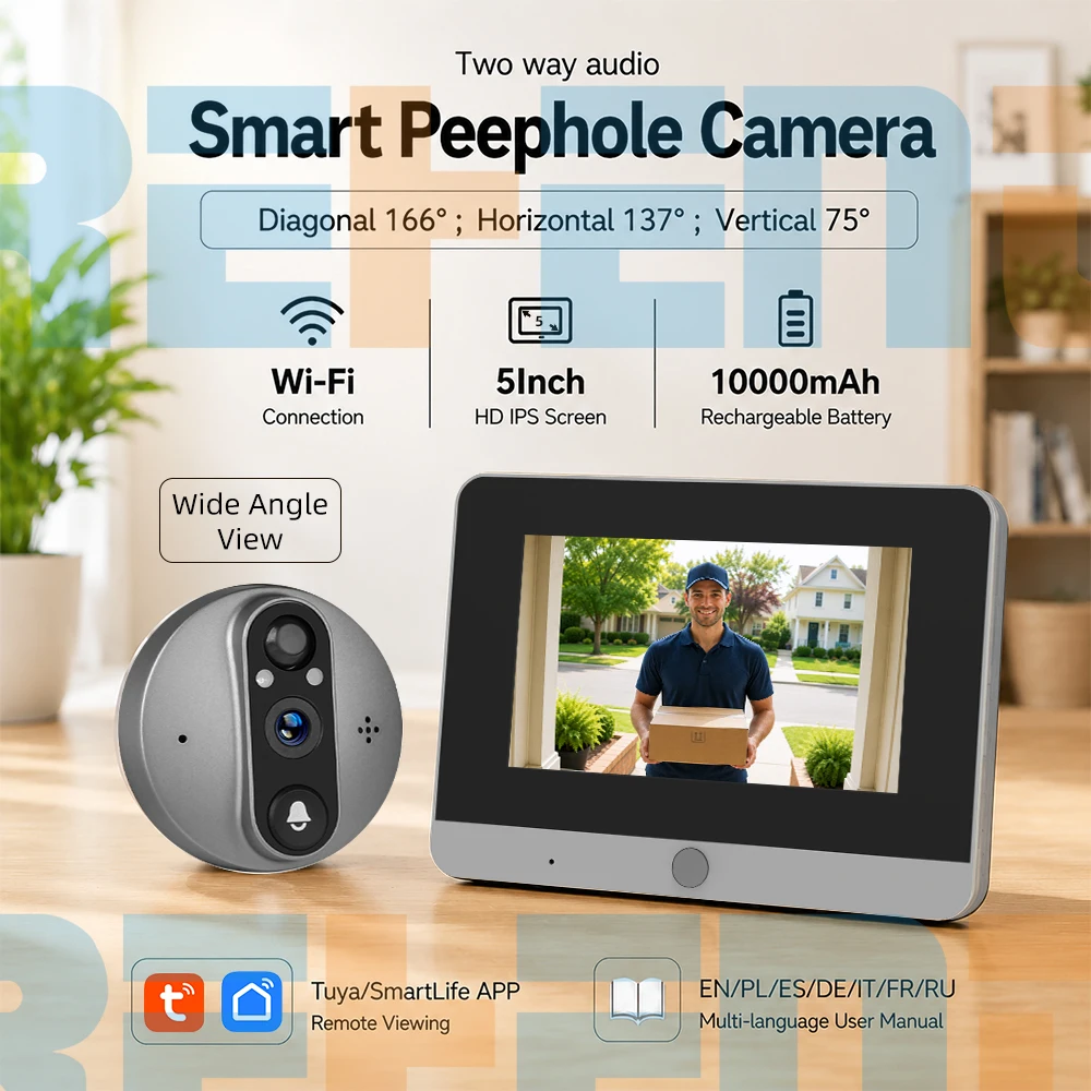 5Inch Screen 2MP WiFi Tuya SmartLife 10000mAh Battery 940nm Infrared Audio Video Door Eye Digital Viewer PIR Doorbell Camera
5Inch Screen 2MP WiFi Tuya SmartLife 10000mAh Battery 940nm Infrared Audio Video Door Eye Digital Viewer PIR Doorbell Camera