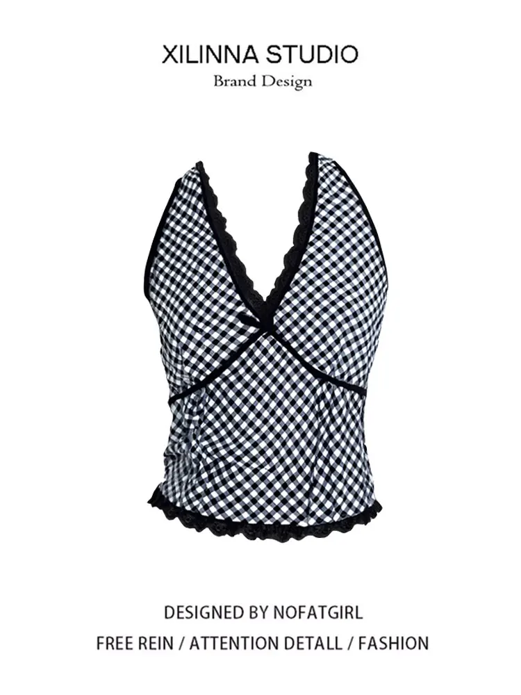 Lace Patchwork Plaid V-Neck Sleeveless Neck Hanging Strap Vest Women Summer Outdoor Wear Slimming Sexy Small Top
Lace Patchwork Plaid V-Neck Sleeveless Neck Hanging Strap Vest Women Summer Outdoor Wear Slimming Sexy Small Top