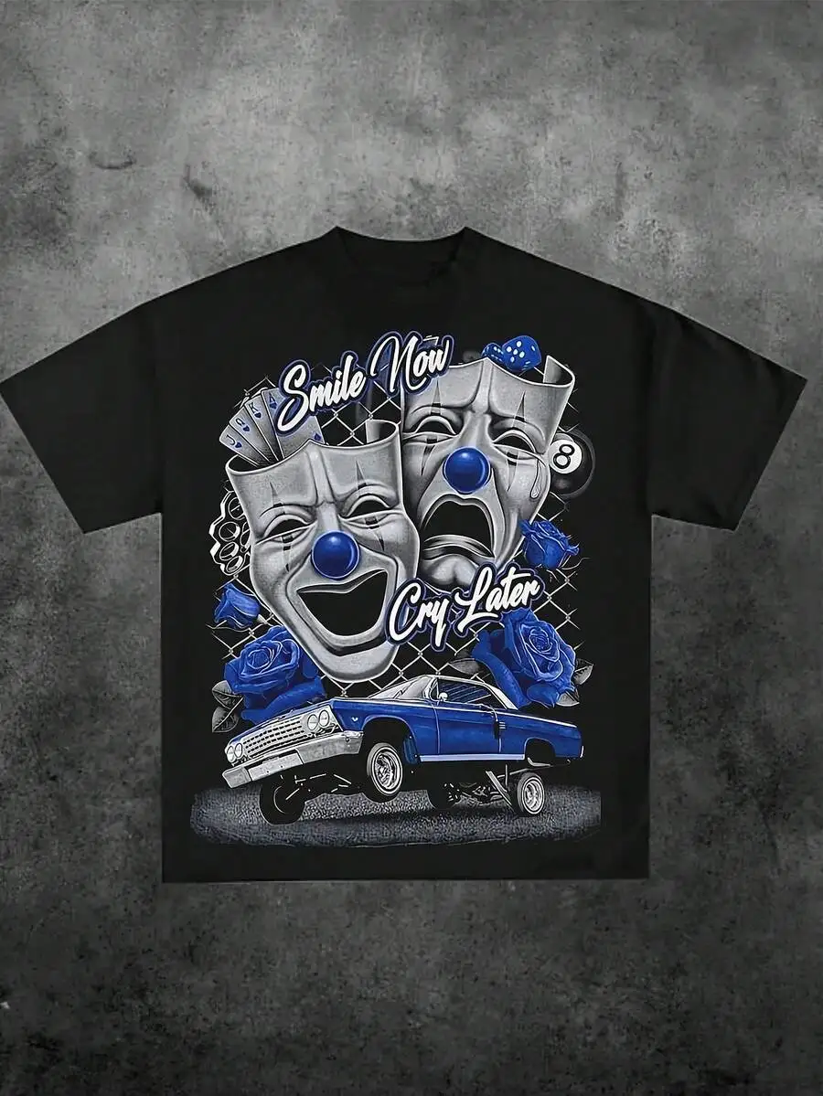 Mens Vintage Graphic Cotton Tee With Classic Car Roses Clown Mask Print
Mens Vintage Graphic Cotton Tee With Classic Car Roses Clown Mask Print