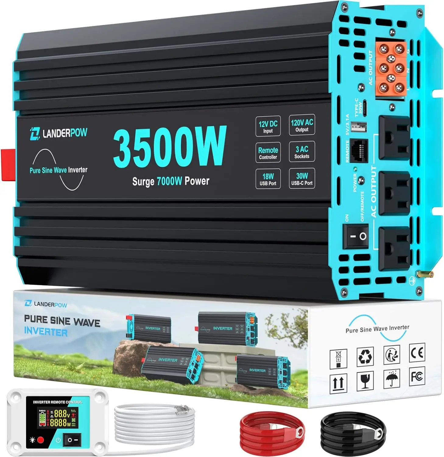 Pure Sine Wave 3500W Power Inverter 12V DC to 120V AC for RV, Truck, Home, Off-Grid, Solar, Inverter with 3 AC Outlet, 30W USB-C
Pure Sine Wave 3500W Power Inverter 12V DC to 120V AC for RV, Truck, Home, Off-Grid, Solar, Inverter with 3 AC Outlet, 30W USB-C
