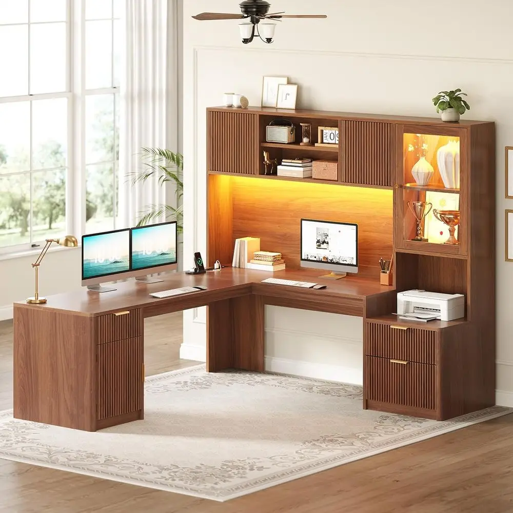 67" x 65" L Shaped Desk with Hutch, RGB LED Computer Desk with Power Sockets, luted Home Oice Desk with ile Der, Storage & Glass
67" x 65" L Shaped Desk with Hutch, RGB LED Computer Desk with Power Sockets, luted Home Oice Desk with ile Der, Storage & Glass