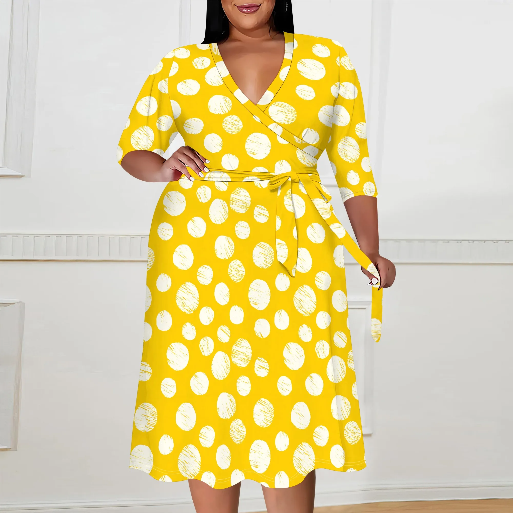 Polka Dot Plus Size Dress V-Neck 2025 New Yellow & White Print XL-6XL for Casual Outing
Polka Dot Plus Size Dress V-Neck 2025 New Yellow & White Print XL-6XL for Casual Outing