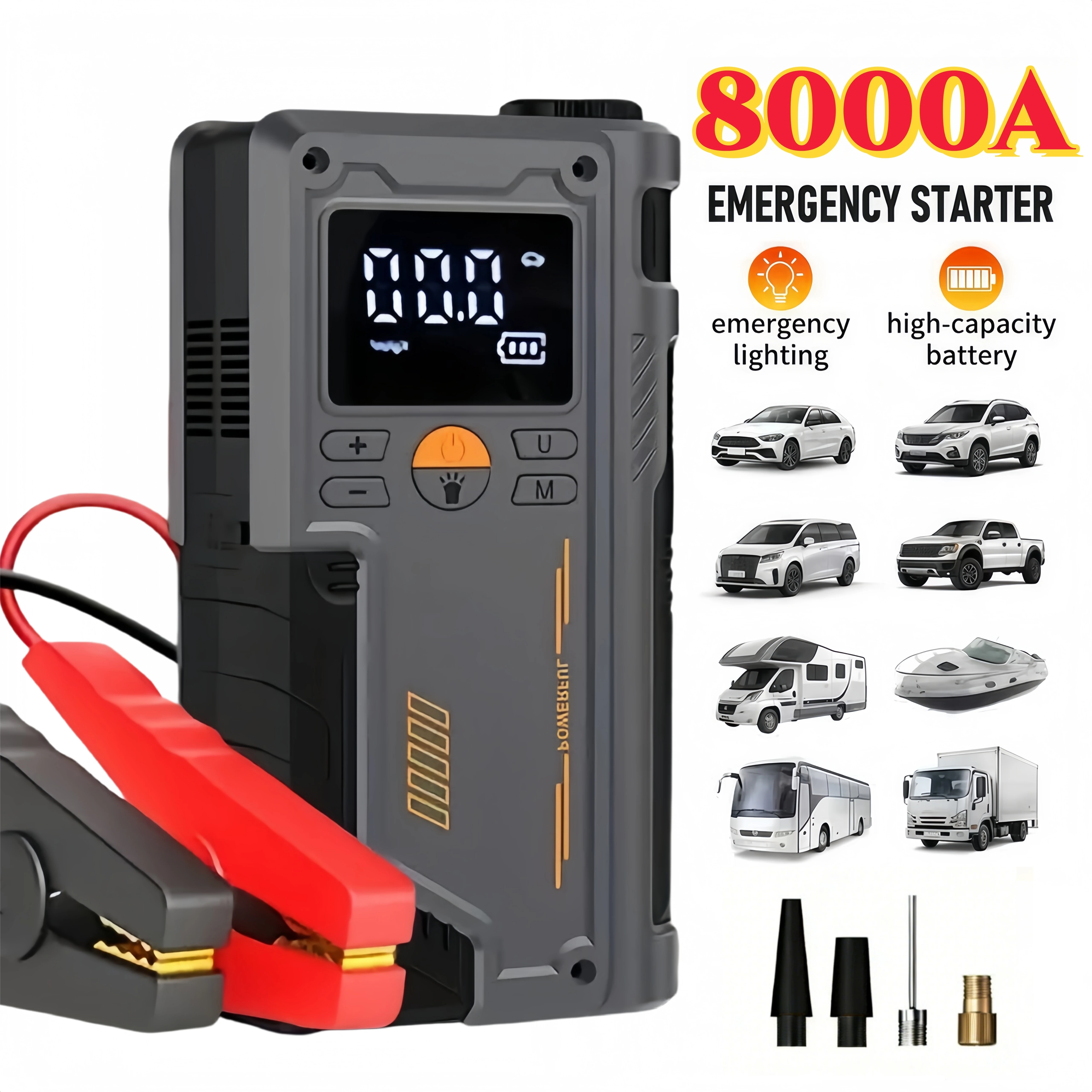 2-in-1 Car Battery Repair Kit (including 8000 ampere battery booster starter and 180 pound-force/square-inch air compressor)
2-in-1 Car Battery Repair Kit (including 8000 ampere battery booster starter and 180 pound-force/square-inch air compressor)
