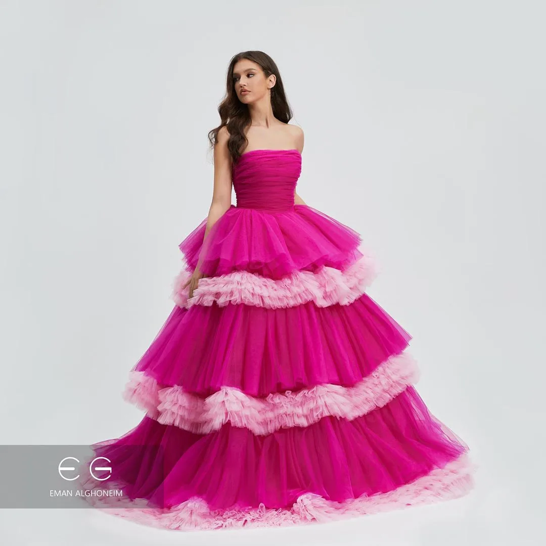 Fuschia Strapless Evening Dress Sleeveless Mix-Colored Ruffled Prom Dress A-line Tulle Dressing Gowns For Elegant Women Custom
Fuschia Strapless Evening Dress Sleeveless Mix-Colored Ruffled Prom Dress A-line Tulle Dressing Gowns For Elegant Women Custom