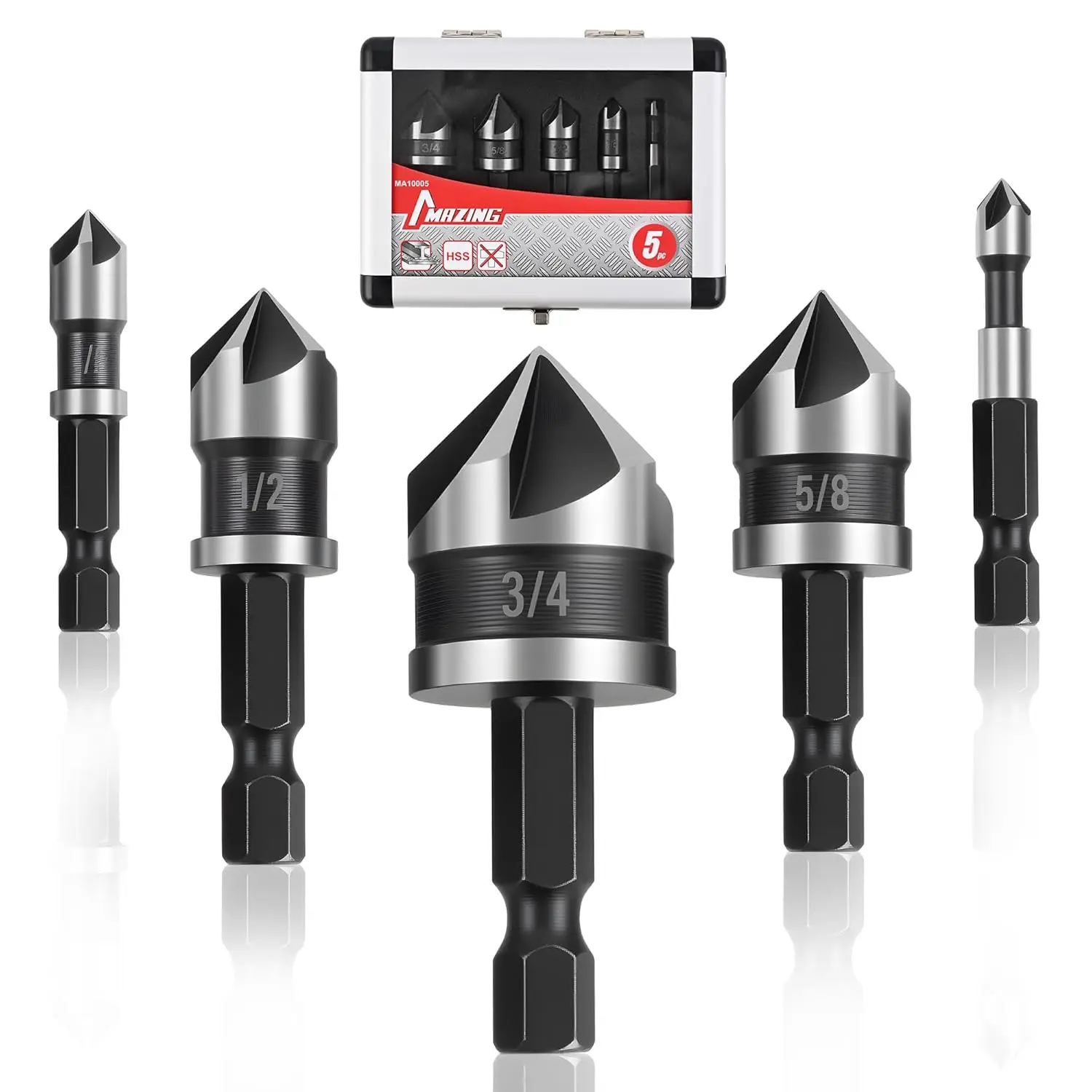 5PCS Countersink Drill Bit Set, 82 Degree 5-Flute HSS, 1/4" to 3/4" Hex Shank, for Wood, Metal, Plastic - Aluminum Case
5PCS Countersink Drill Bit Set, 82 Degree 5-Flute HSS, 1/4" to 3/4" Hex Shank, for Wood, Metal, Plastic - Aluminum Case