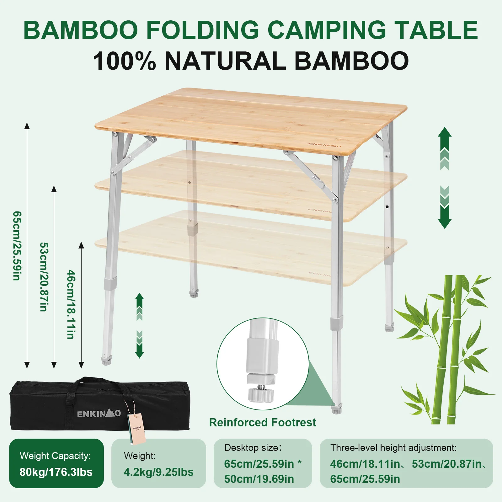 Adjustable Height Folding Bamboo Camping Table Loads 80KG Outdoor Lightweight & Compact Table for Cooking Picnic Beach Backyards
Adjustable Height Folding Bamboo Camping Table Loads 80KG Outdoor Lightweight & Compact Table for Cooking Picnic Beach Backyards