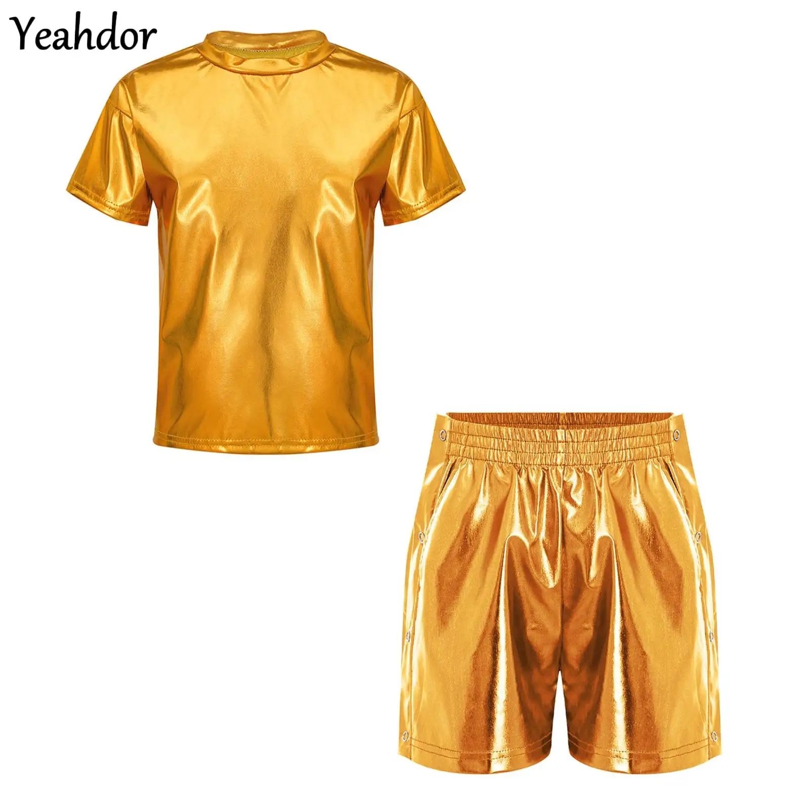 Girls Boys Hip Hop Jazz Streetwear Short Sleeve Metallic T-shirt Top with Shorts Kids Disco Dance Party Performance Costume Set
Girls Boys Hip Hop Jazz Streetwear Short Sleeve Metallic T-shirt Top with Shorts Kids Disco Dance Party Performance Costume Set