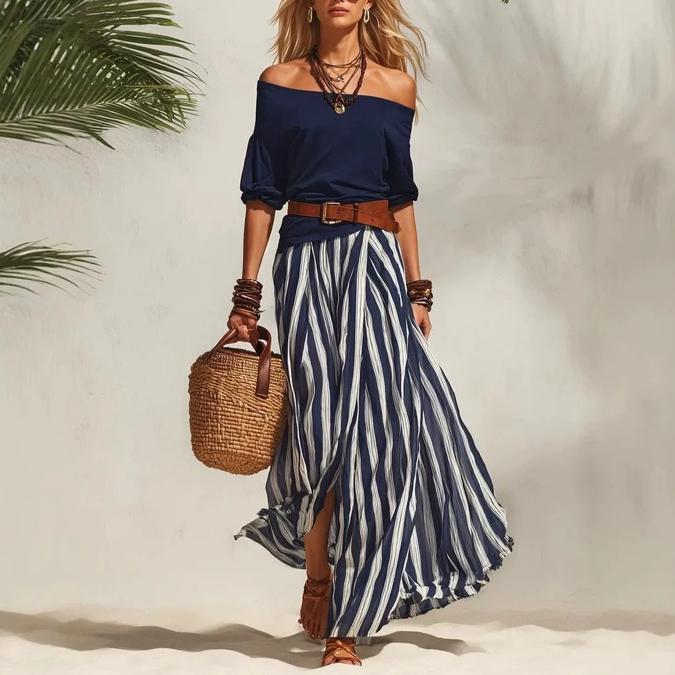 2 Piece Set Off Shoulder Top Puff Sleeve Vertical Stripe Dresses Long Skirt Woven Summer Maxi Dress Striped Skirt High Waist
2 Piece Set Off Shoulder Top Puff Sleeve Vertical Stripe Dresses Long Skirt Woven Summer Maxi Dress Striped Skirt High Waist