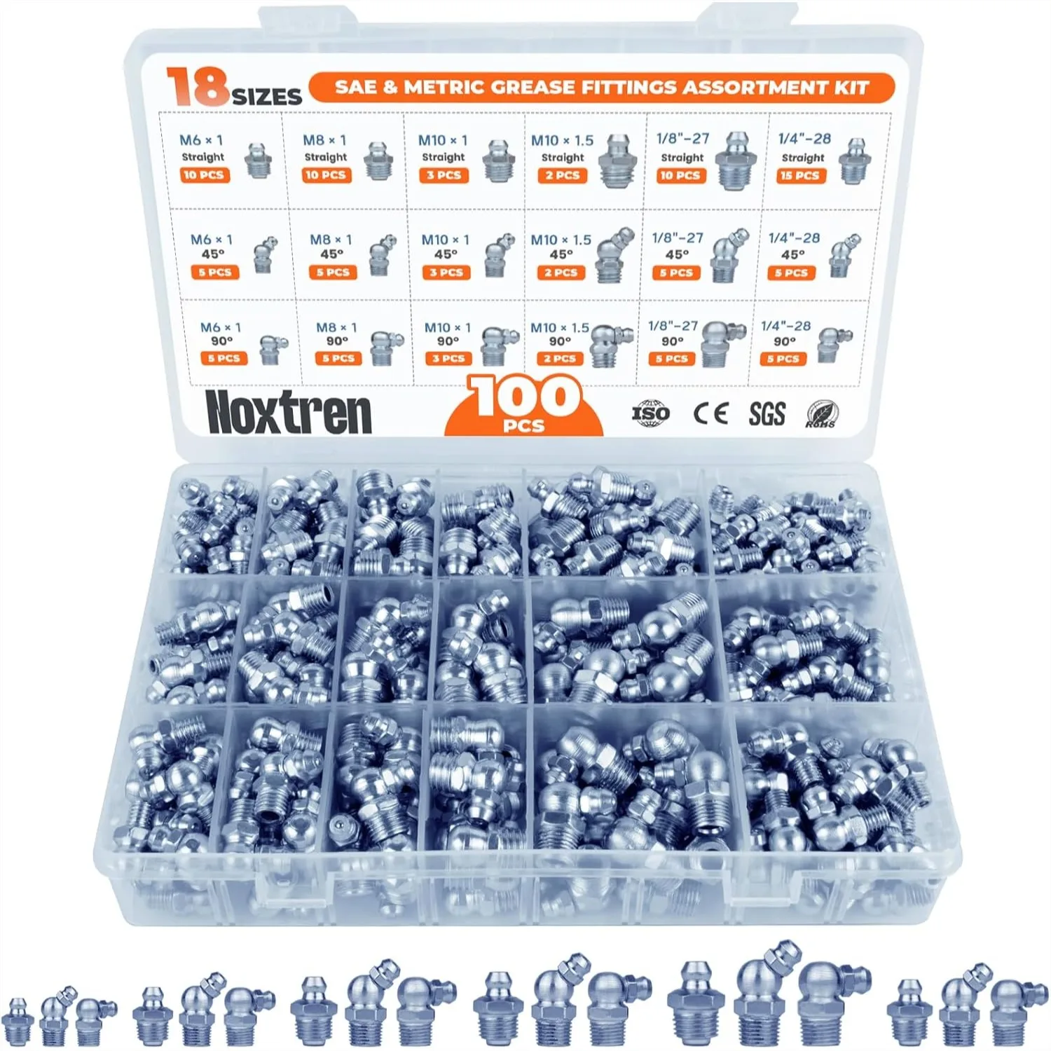 100PCS Grease Fittings Assortment, 18 Sizes SAE & Metric Zerk Kit - UNF NPT 1/4" 1/8" M6 M8 M10, Straight 45 90 Degree for
100PCS Grease Fittings Assortment, 18 Sizes SAE & Metric Zerk Kit - UNF NPT 1/4" 1/8" M6 M8 M10, Straight 45 90 Degree for