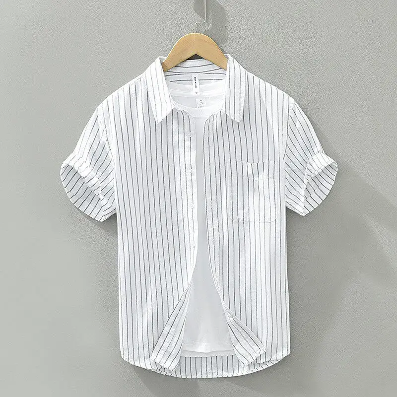 Retro Japanese Style Ice Silk Casual Striped Loose Short Sleeve Shirt Men Summer Thin Business Hair Stylist Handsome Shirt
Retro Japanese Style Ice Silk Casual Striped Loose Short Sleeve Shirt Men Summer Thin Business Hair Stylist Handsome Shirt