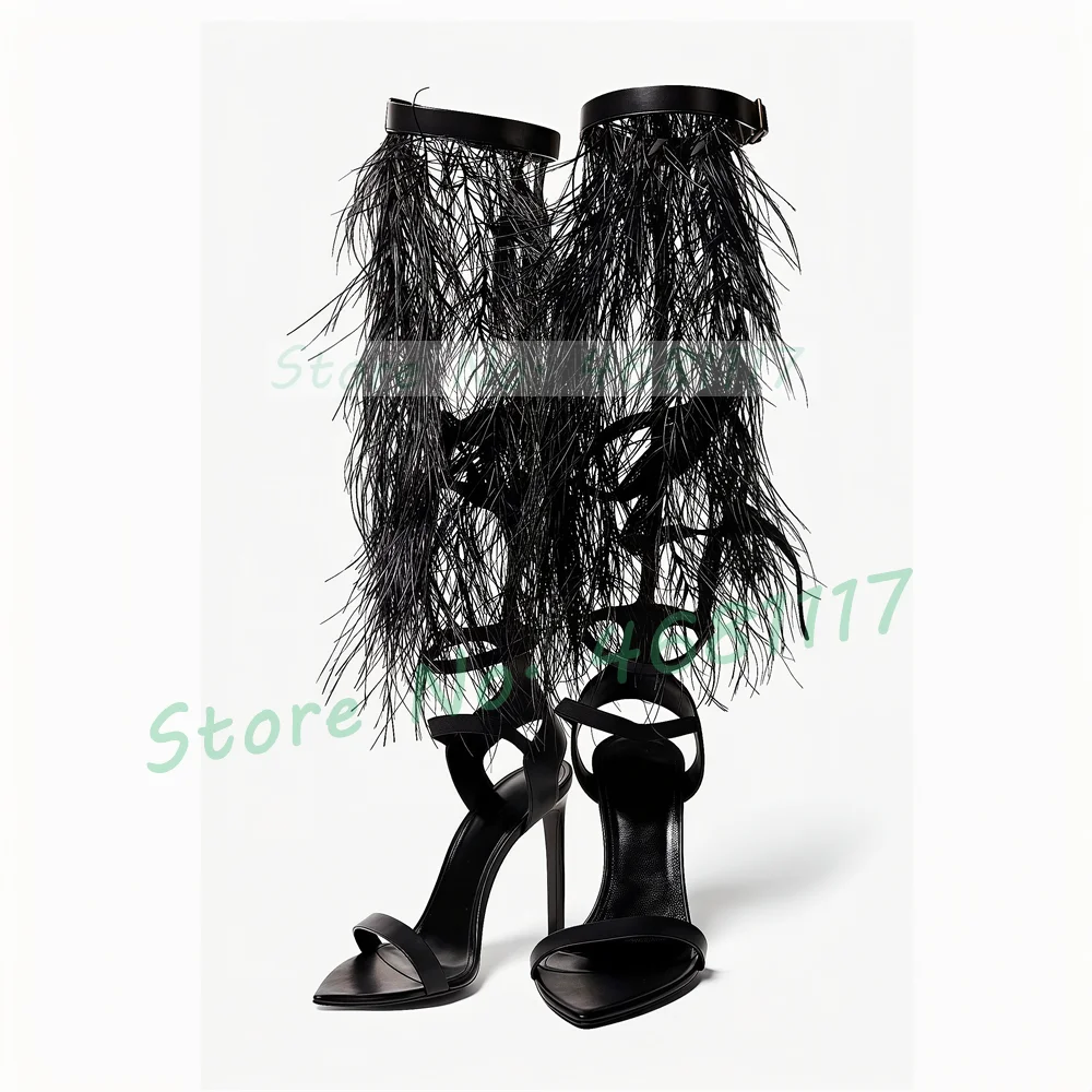 Black Feather Fringe Knee High Sandals Women Cross Buckle Strap High Heels Sandals Summer Trendy Pointy Open Toe Gladiator Shoes
Black Feather Fringe Knee High Sandals Women Cross Buckle Strap High Heels Sandals Summer Trendy Pointy Open Toe Gladiator Shoes