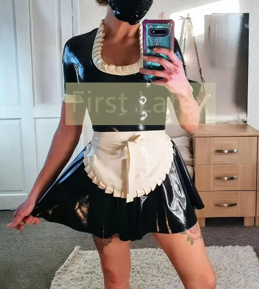Handmande Sexy Latex Housemaid Dress Shorts Sleeves Rubber Dress Uniform With White Decoration Skirt Halloween Cosplay Costume
Handmande Sexy Latex Housemaid Dress Shorts Sleeves Rubber Dress Uniform With White Decoration Skirt Halloween Cosplay Costume