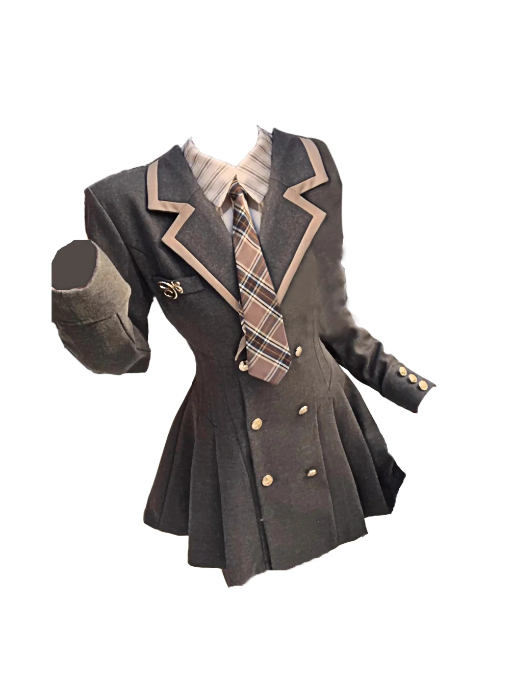 Новый весенний элитный дизайн в корейском стиле, нишевый универсальный серый костюм трапециевидной формы с талией, плиссированное платье + рубашка + галстук для женской одежды 
Новый весенний элитный дизайн в корейском стиле, нишевый универсальный серый костюм трапециевидной формы с талией, плиссированное платье + рубашка + галстук для женской одежды