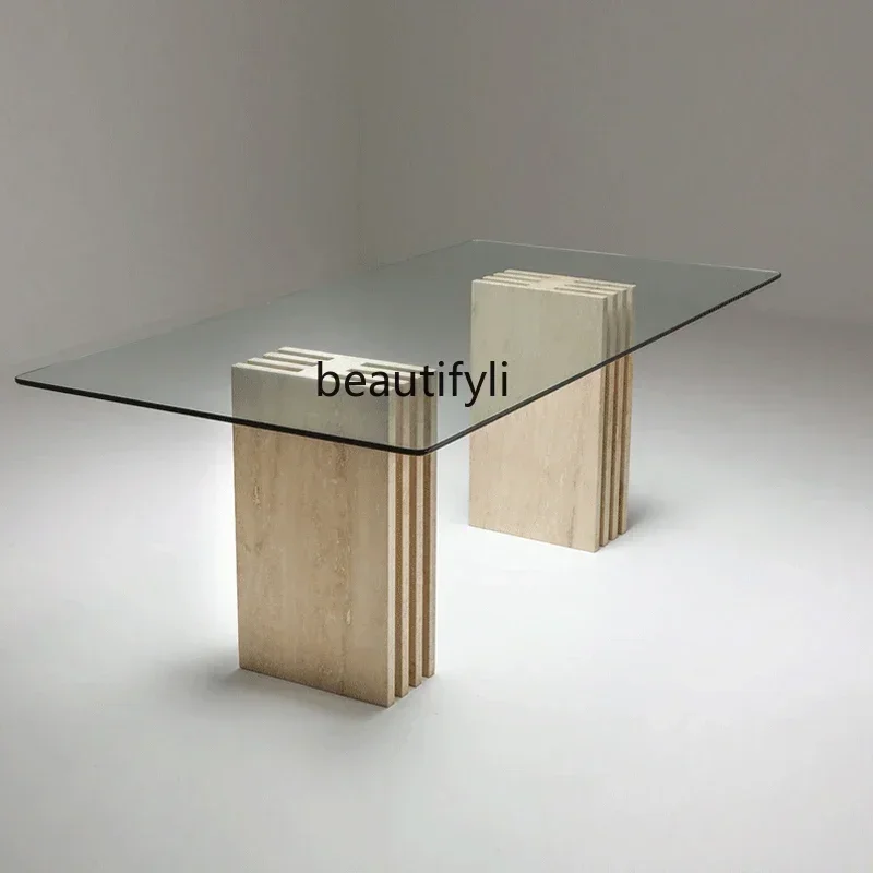 V Modern simple natural travertine dining table, designer tempered glass countertop, eating table
V Modern simple natural travertine dining table, designer tempered glass countertop, eating table