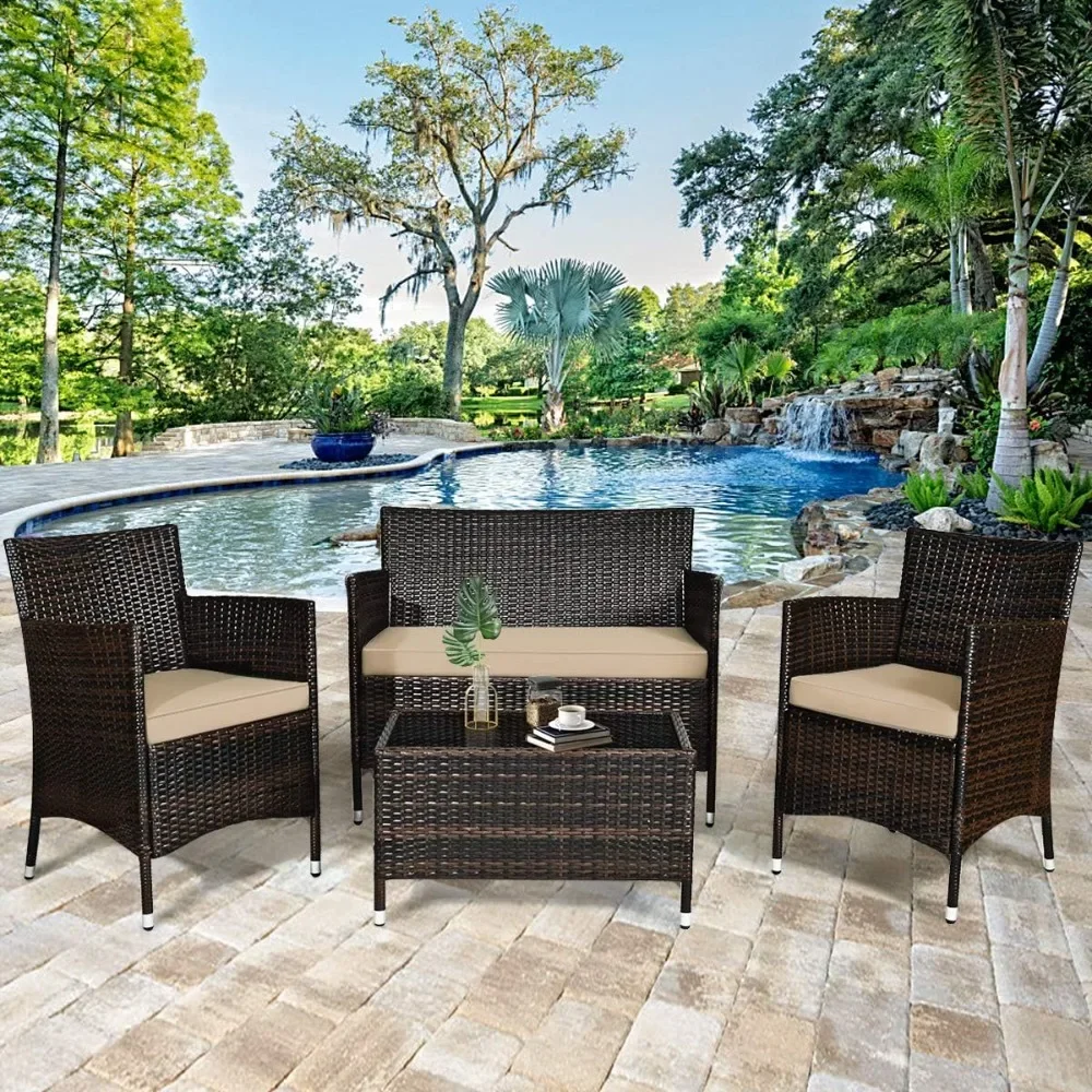 4-piece Courtyard Furniture Outdoor Vine Weaving Dialogue Set with Soft Sofa and Coffee Table, Suitable for Porch Bars
4-piece Courtyard Furniture Outdoor Vine Weaving Dialogue Set with Soft Sofa and Coffee Table, Suitable for Porch Bars