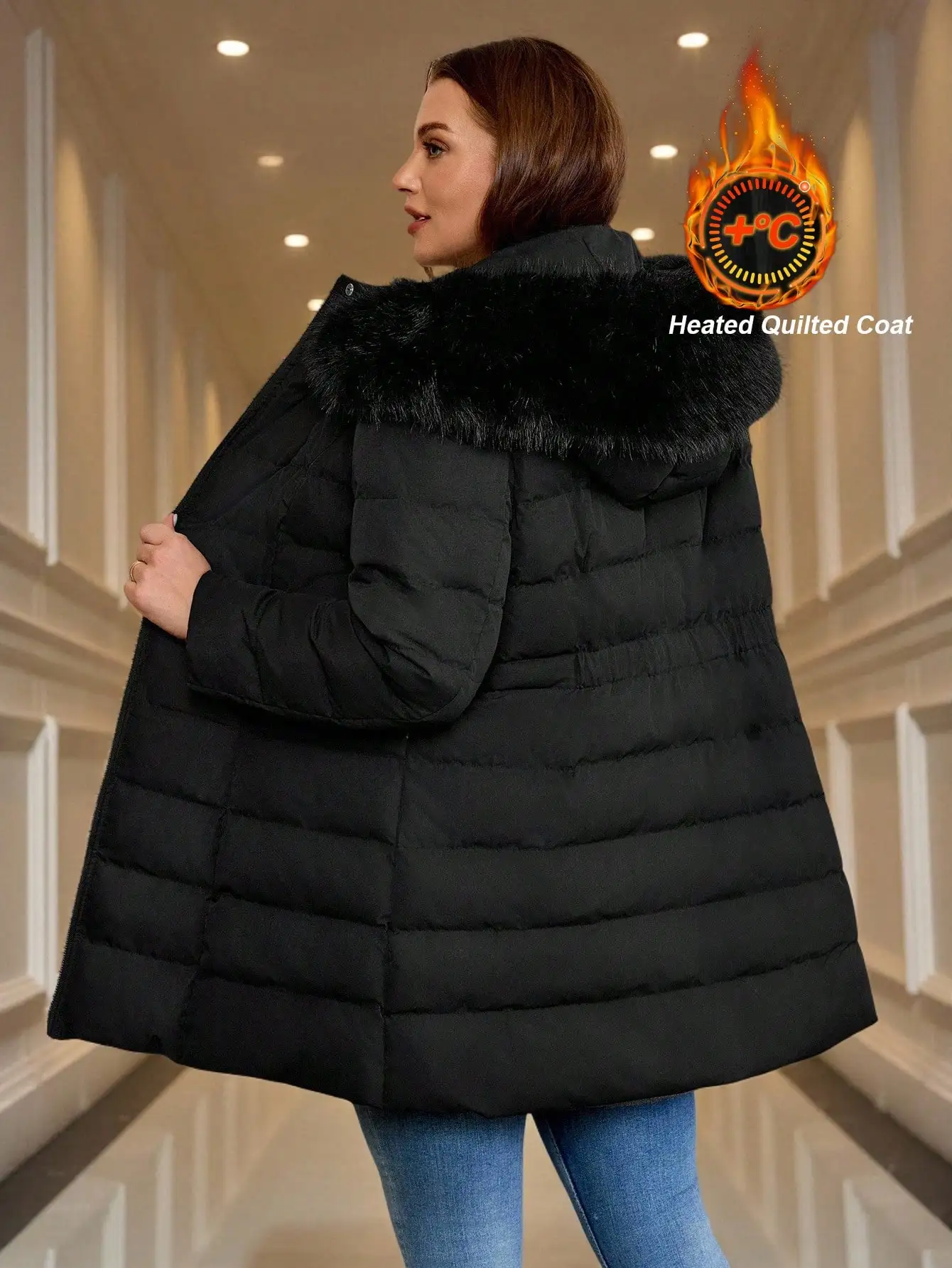 Women's Black Heated Quilted Long Hooded Coat with Removable Fur Collar, Plus Size Winter Jacket
Women's Black Heated Quilted Long Hooded Coat with Removable Fur Collar, Plus Size Winter Jacket
