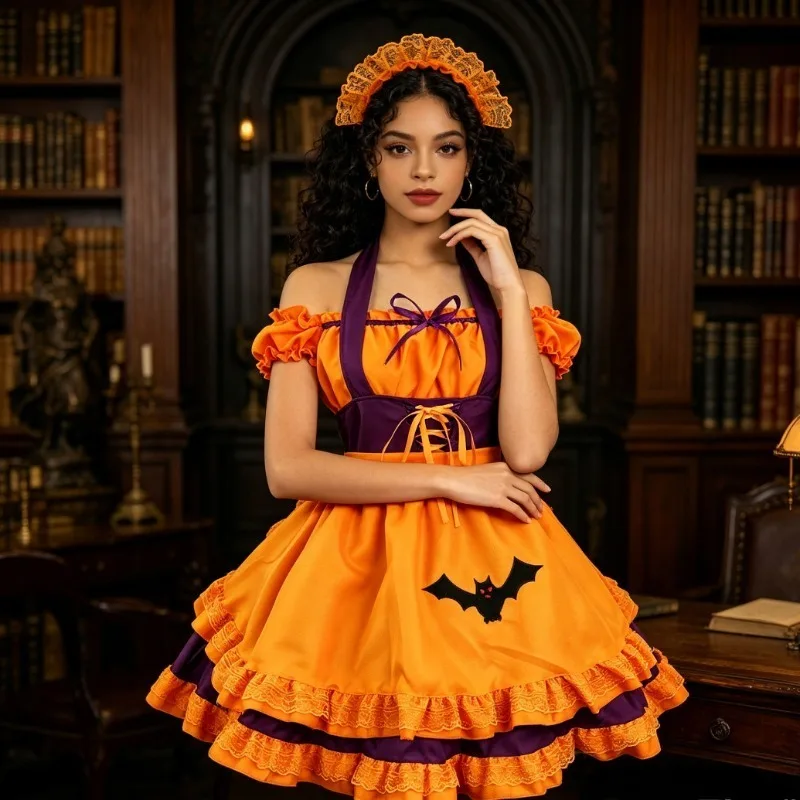 Halloween Lolita Orange Black Contrast Bat Embroidered Off Shoulder Dress with Lace Headband Halloween Christmas Party Costume
Halloween Lolita Orange Black Contrast Bat Embroidered Off Shoulder Dress with Lace Headband Halloween Christmas Party Costume