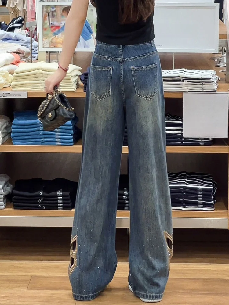 Летние тонкие вышитые джинсы с высокой талией и широкими штанинами, женские утягивающие брюки с дизайном и бриллиантами, теплопередача 
Летние тонкие вышитые джинсы с высокой талией и широкими штанинами, женские утягивающие брюки с дизайном и бриллиантами, теплопередача