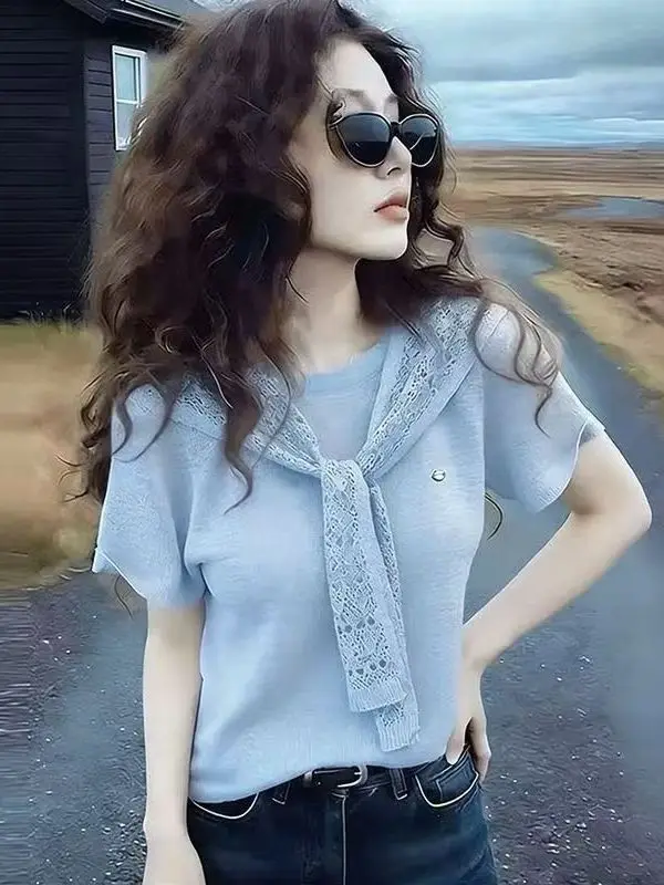 Chic Korean Style Short Sleeve Knitted T-Shirt Set with Shawl Women's Summer New Design Top Breathable Polyester Fiber
Chic Korean Style Short Sleeve Knitted T-Shirt Set with Shawl Women's Summer New Design Top Breathable Polyester Fiber