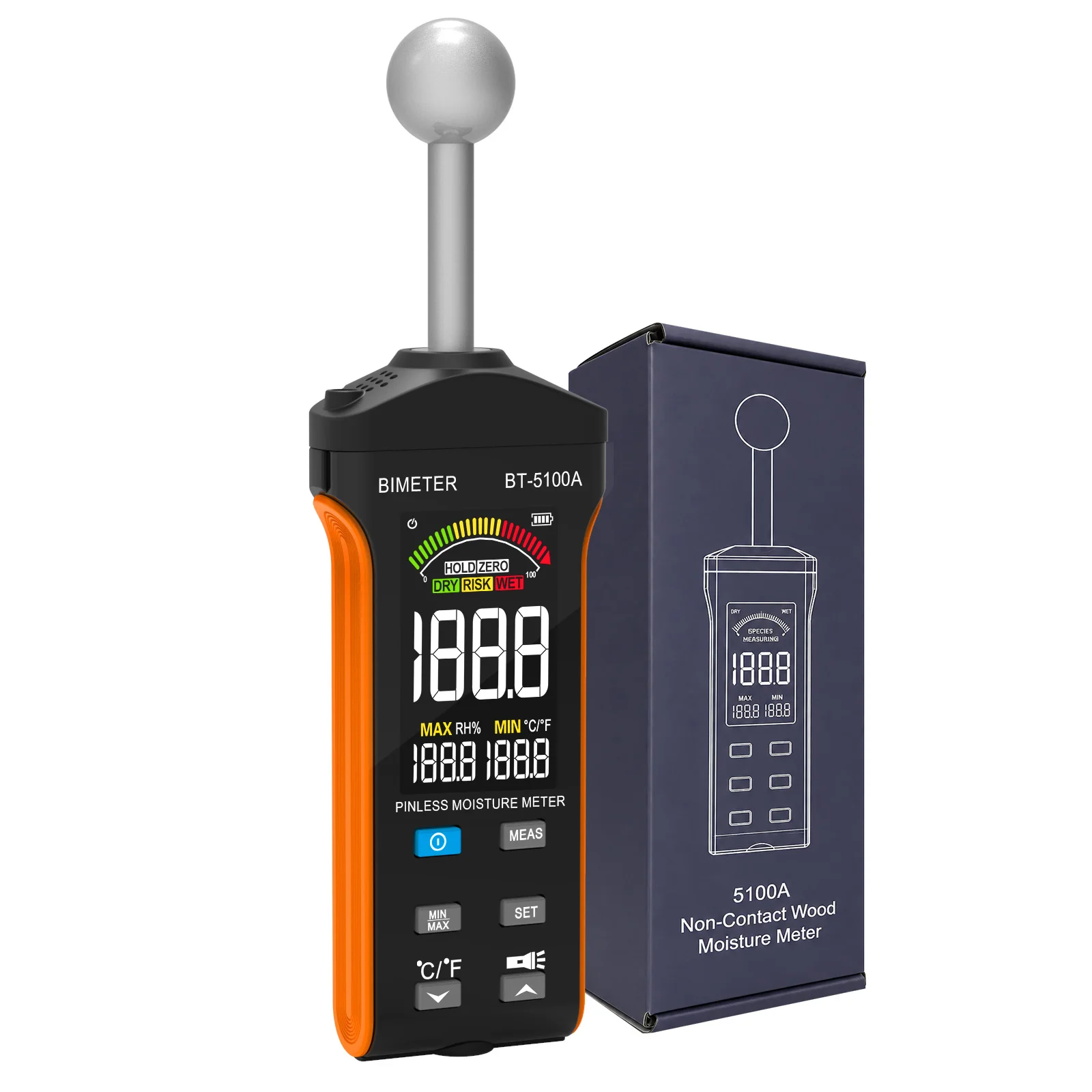 Non-Contact Wood Moisture Meter 0-100,20-40mm,Temp/RH, Hold/Max/Min/Alarm, Color Display for Concrete/Wall/Floor/Masonry
Non-Contact Wood Moisture Meter 0-100,20-40mm,Temp/RH, Hold/Max/Min/Alarm, Color Display for Concrete/Wall/Floor/Masonry