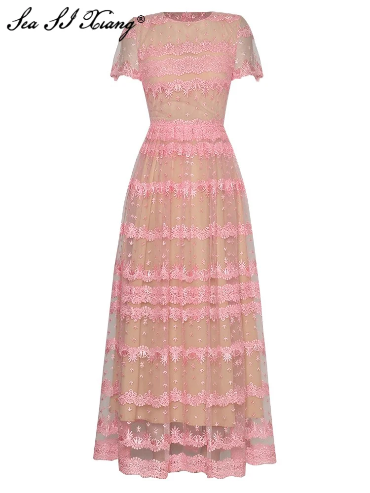 Seasixiang Fashion Designer Summer Mesh Embroidery Dress Women O-Neck Short Sleeve Water-Soluble Flower Patchwork Vintage Dress
Seasixiang Fashion Designer Summer Mesh Embroidery Dress Women O-Neck Short Sleeve Water-Soluble Flower Patchwork Vintage Dress