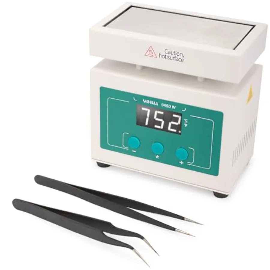 946D-IV Soldering Hot Plate Mini Size Rework Heater with 2 ESD-Safe Tweezers Adjustable Temp °C/°F Conversion PID Temp Control
946D-IV Soldering Hot Plate Mini Size Rework Heater with 2 ESD-Safe Tweezers Adjustable Temp °C/°F Conversion PID Temp Control