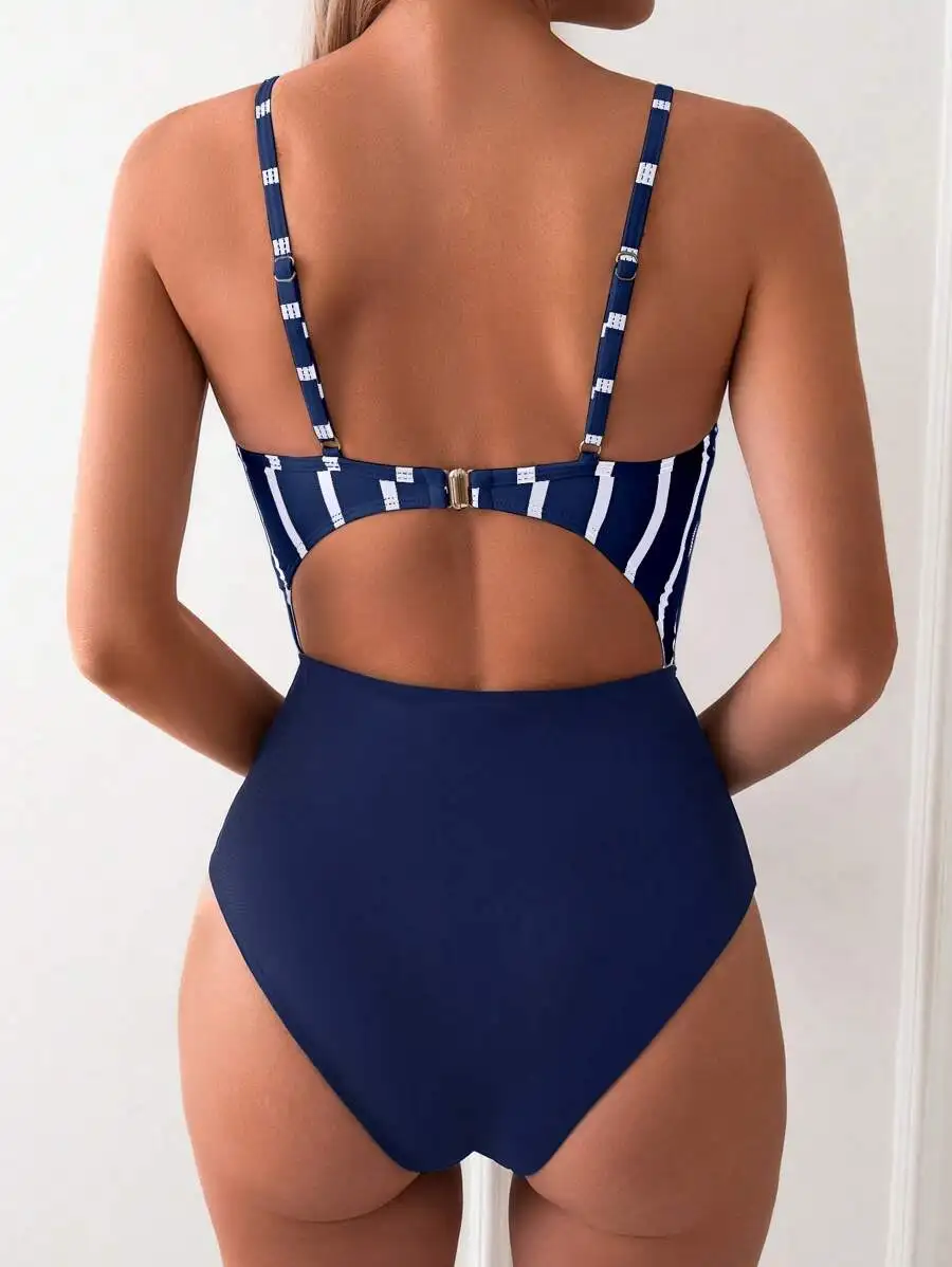 Womens Stripe And Solid Color Halter One Piece Swimsuit With Cut Out Back
Womens Stripe And Solid Color Halter One Piece Swimsuit With Cut Out Back