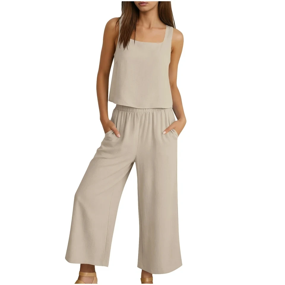 Casual Sleeveless Vest Top And Trousers Cotton Linen 2 Piece Set Summer New Solid Color Loose Wide Leg Pants Female Suit 2026
Casual Sleeveless Vest Top And Trousers Cotton Linen 2 Piece Set Summer New Solid Color Loose Wide Leg Pants Female Suit 2026