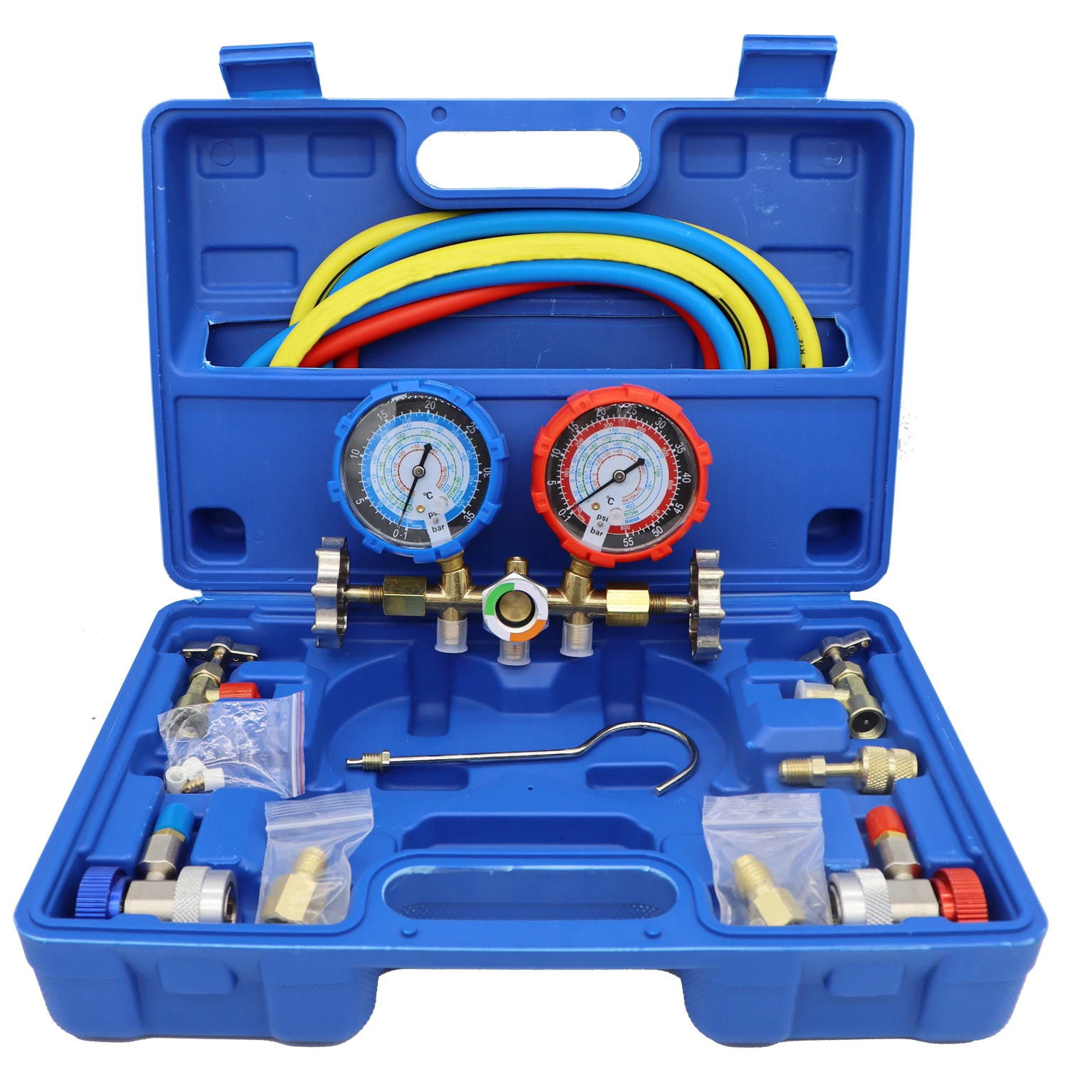 3 Way AC Manifold Gauge Set HVAC Diagnostic Refrigerant Charging Tool for Auto Household R404A R134A Refrigerant Quick Couplers
3 Way AC Manifold Gauge Set HVAC Diagnostic Refrigerant Charging Tool for Auto Household R404A R134A Refrigerant Quick Couplers