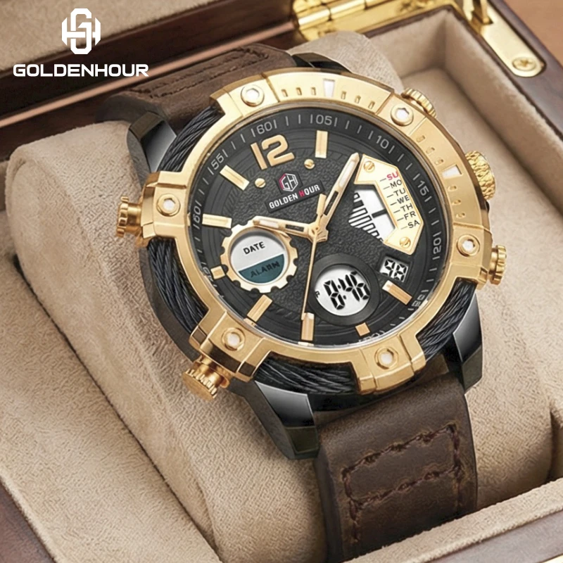 Роскошные мужские часы GOLDENHOUR, военные спортивные цифровые аналоговые кварцевые наручные часы с двойным дисплеем, водонепроницаемые, многофункциональные, кожаные
Роскошные мужские часы GOLDENHOUR, военные спортивные цифровые аналоговые кварцевые наручные часы с двойным дисплеем, водонепроницаемые, многофункциональные, кожаные