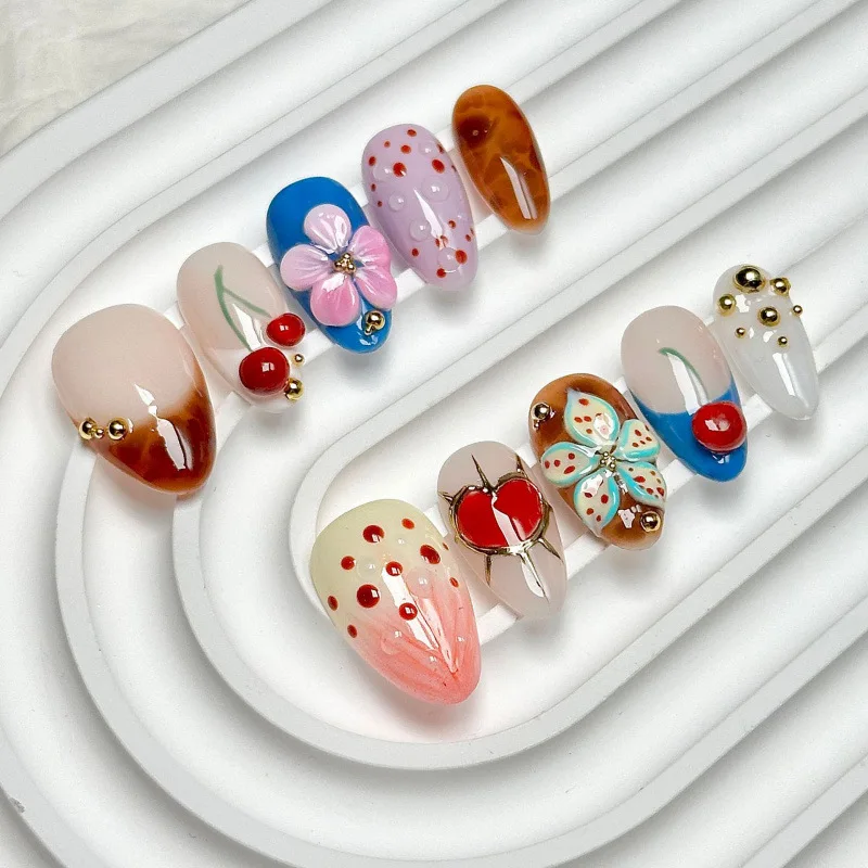24PCS Luxury Gilded Almond Shape Press on Nails 3D Flowers Heart Cherry Leopard Design False Nails Sweet Cool French Nail Art 네일
24PCS Luxury Gilded Almond Shape Press on Nails 3D Flowers Heart Cherry Leopard Design False Nails Sweet Cool French Nail Art 네일