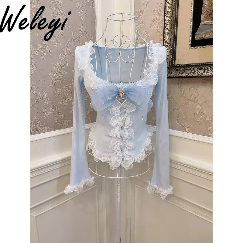Lolita Princess Bow Love Flash Diamond Fungus T Shirts for Women 2025 Spring New Sweet Lace Flared Sleeve Slim Short T Tops
Lolita Princess Bow Love Flash Diamond Fungus T Shirts for Women 2025 Spring New Sweet Lace Flared Sleeve Slim Short T Tops