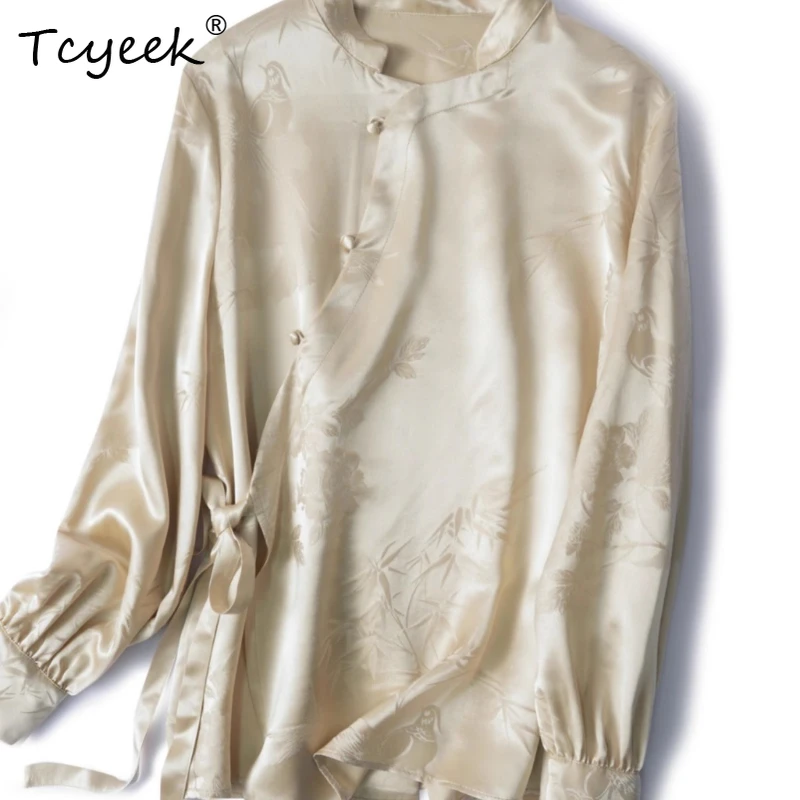 Tcyeek 100% Mulberry Silk Spring Summer Chinese Style Cardigan Stand Up Collar Long Sleeved Champagne Color Women's Shirts 여름옷
Tcyeek 100% Mulberry Silk Spring Summer Chinese Style Cardigan Stand Up Collar Long Sleeved Champagne Color Women's Shirts 여름옷