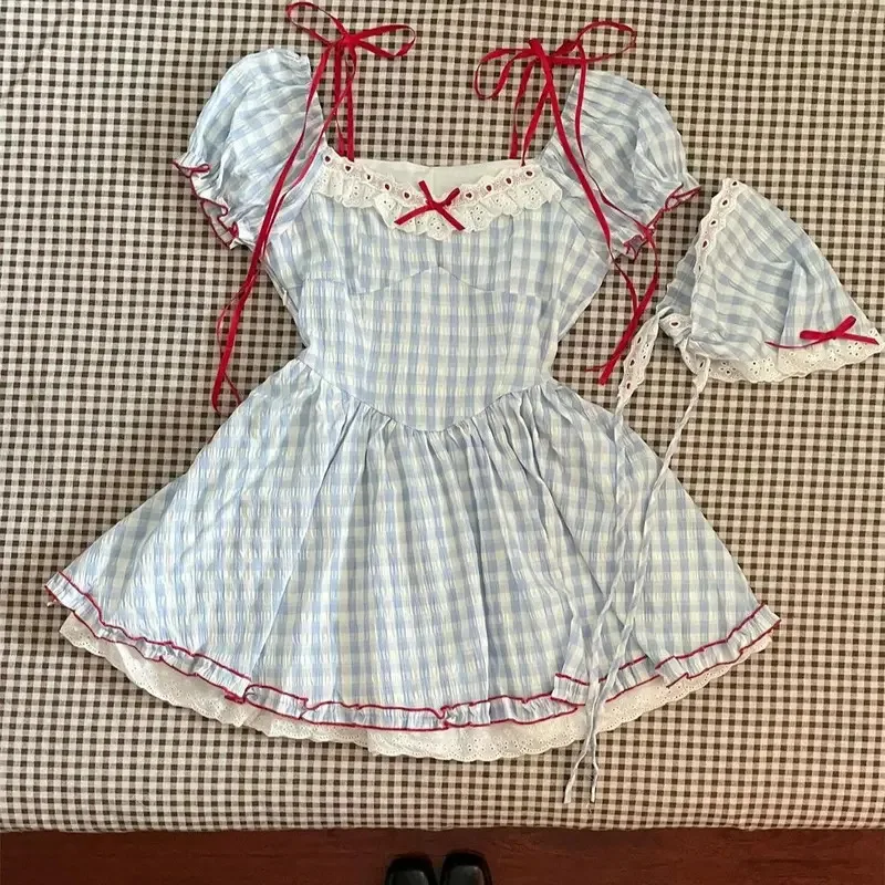 Women Sweet Mini Dress Puff Sleeve Bow Decor Lace Trim Slim Fit Suit Cottagecore Lolita Gingham Style Summer Picnic Outfit 2025 
Women Sweet Mini Dress Puff Sleeve Bow Decor Lace Trim Slim Fit Suit Cottagecore Lolita Gingham Style Summer Picnic Outfit 2025