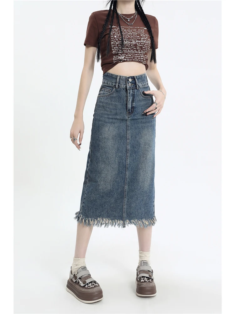 Джинсовая юбка с высокой талией и рваными краями, женская, больших размеров, А-силуэт, летняя, модная, для высоких девушек, с разрезом по низу
Джинсовая юбка с высокой талией и рваными краями, женская, больших размеров, А-силуэт, летняя, модная, для высоких девушек, с разрезом по низу