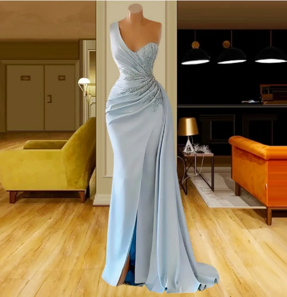 2024Light Blue Formal Evening Dress One Shoulder Sleeveless Wedding Party Dress Women Beads Mernaid Satin Long Prom Party Dress
2024Light Blue Formal Evening Dress One Shoulder Sleeveless Wedding Party Dress Women Beads Mernaid Satin Long Prom Party Dress