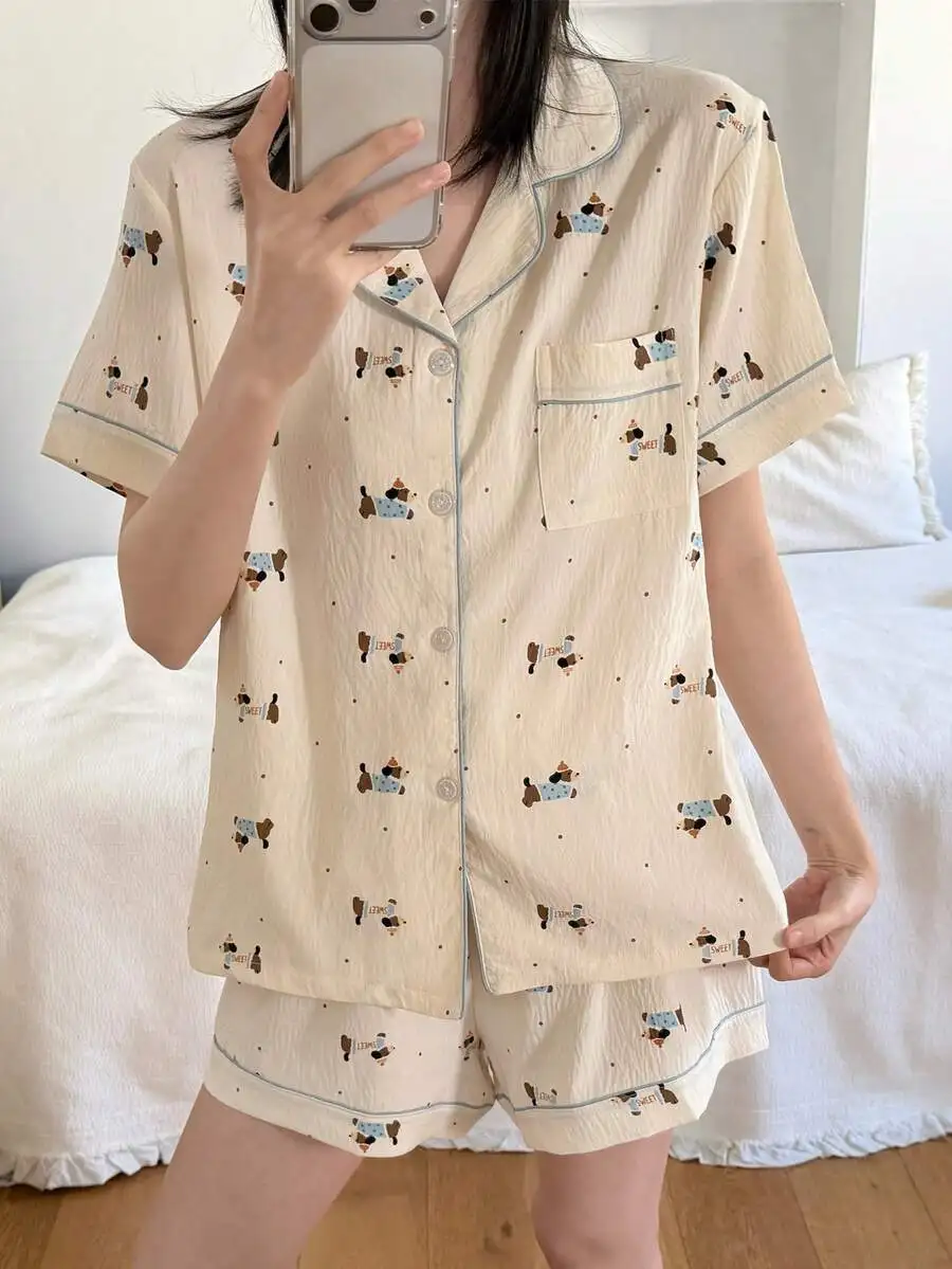 Women Button-Up Short Sleeve Pajama Set With Cartoon Dog Print And Polka Dot
Women Button-Up Short Sleeve Pajama Set With Cartoon Dog Print And Polka Dot