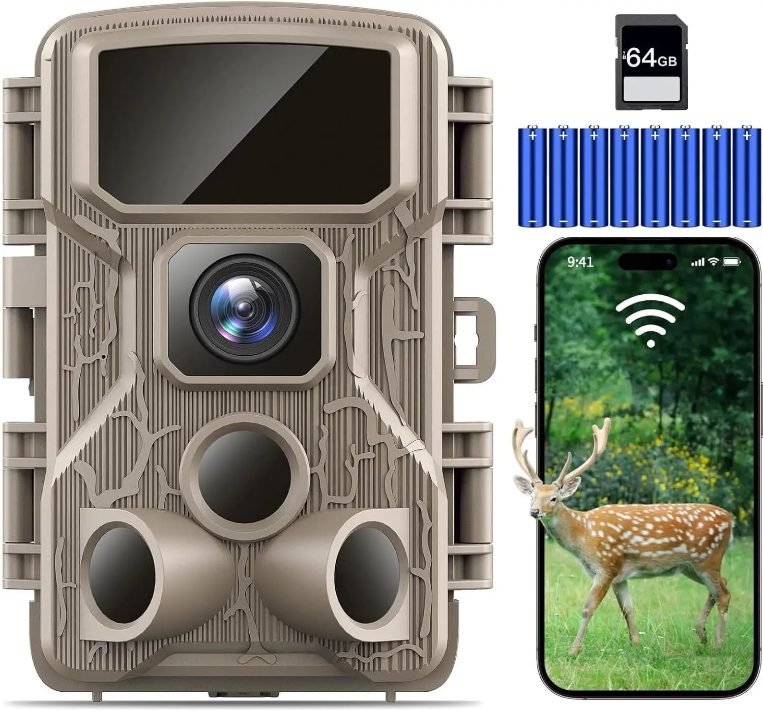 WiFi Trail Camera 64MP 4K Night Vision 0.1s Trigger IP67 130° Motion Activated 64GB SD Card for Wildlife
WiFi Trail Camera 64MP 4K Night Vision 0.1s Trigger IP67 130° Motion Activated 64GB SD Card for Wildlife