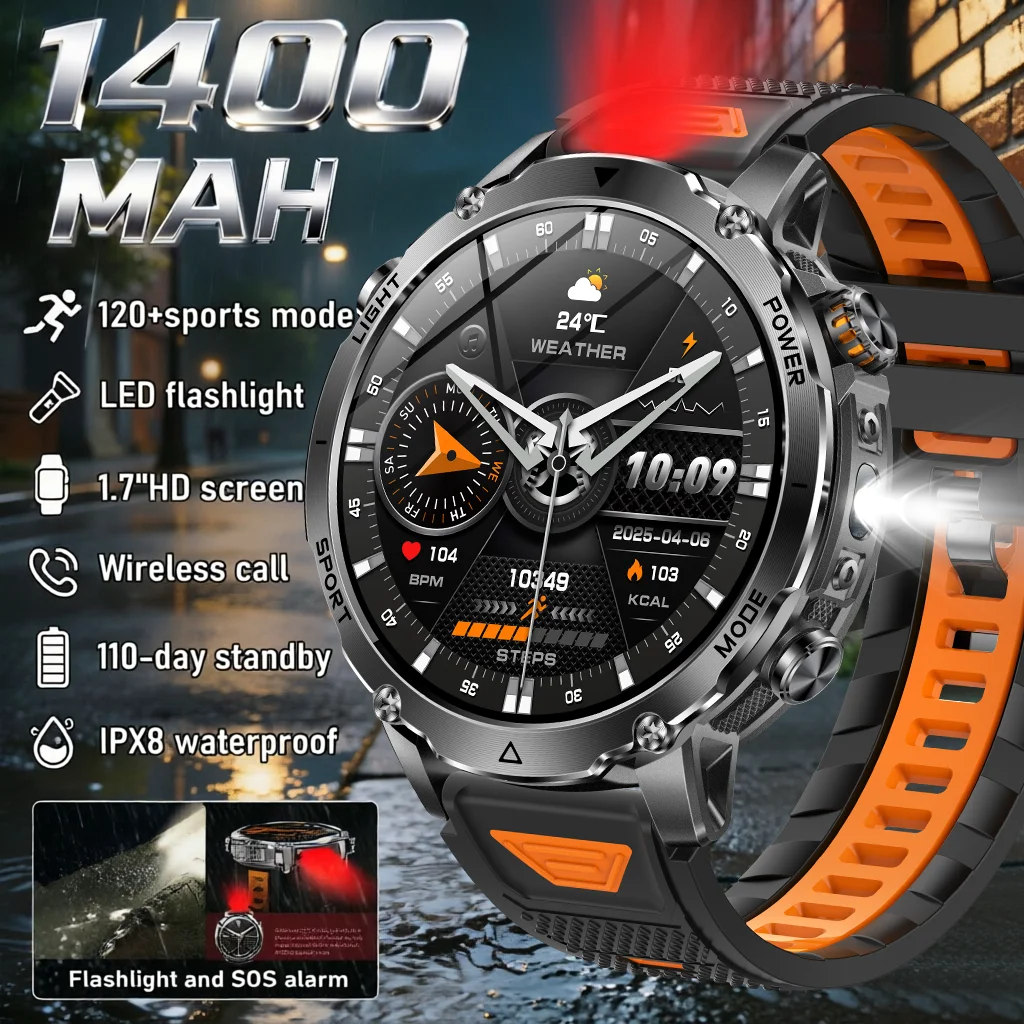 2026 Military 1400 Mah battery smartwatch, men's outdoor flashlight, IPX8 waterproof,100+sports,Bluetooth call, fitness band
2026 Military 1400 Mah battery smartwatch, men's outdoor flashlight, IPX8 waterproof,100+sports,Bluetooth call, fitness band