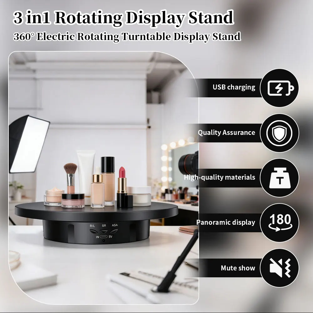 USB-Powered Rotating Turntable with 3 Speed Modes 360° Motorized Display Stand for Product Photography Jewelry&Video Shooting
USB-Powered Rotating Turntable with 3 Speed Modes 360° Motorized Display Stand for Product Photography Jewelry&Video Shooting