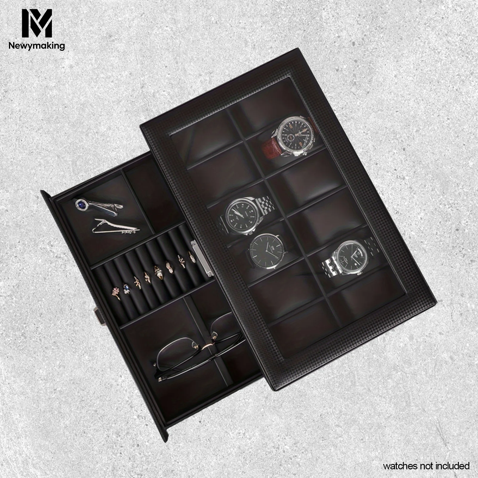 12/24 Slot 2-Layer Watch Box with Glass Lid, PU Leather Organizer (12-Slot with Jewelry Drawer, 24-Slot All Watch Slots)
12/24 Slot 2-Layer Watch Box with Glass Lid, PU Leather Organizer (12-Slot with Jewelry Drawer, 24-Slot All Watch Slots)