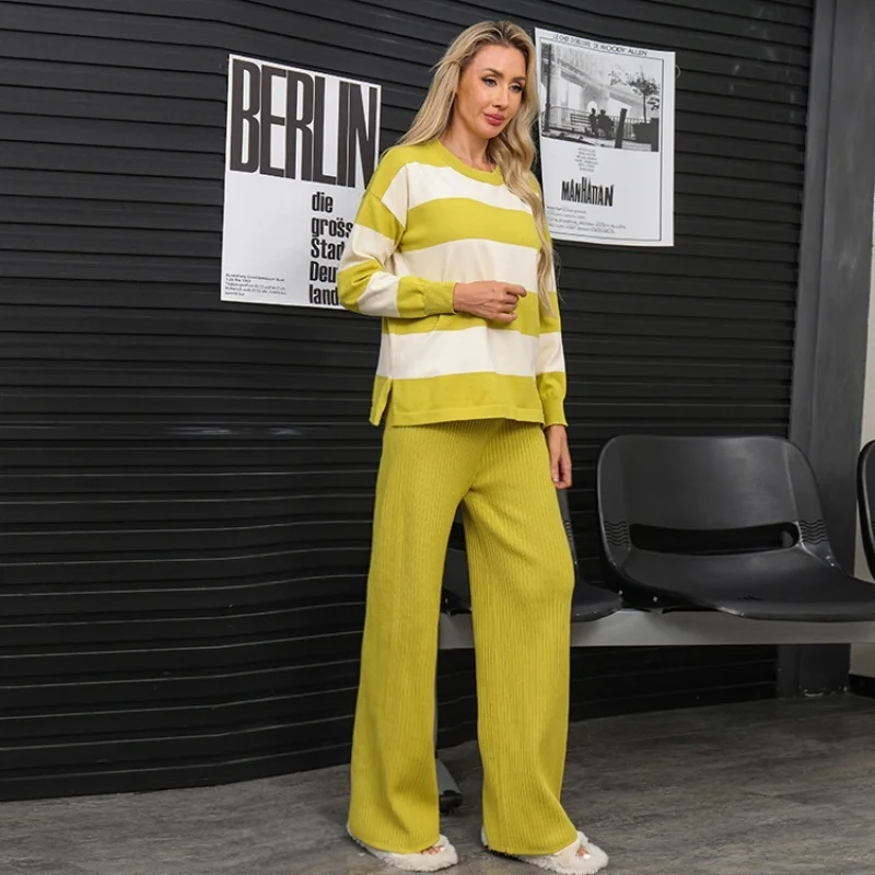 Two Piece Suit for Women, Complete Elegant Trousers, Jumper, Splicing Stripe, Round Neck, Casual Loose, Lazy Style, Knit Fashion
Two Piece Suit for Women, Complete Elegant Trousers, Jumper, Splicing Stripe, Round Neck, Casual Loose, Lazy Style, Knit Fashion